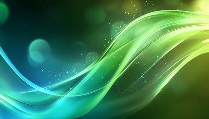 The illustration shows flowing, bright teal and lime green waves against a dark green background with bokeh highlights