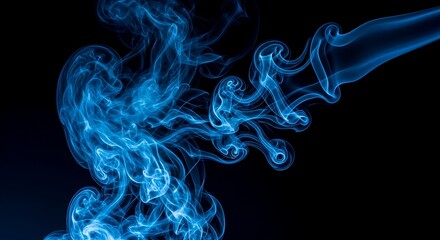 Intricate swirls of vibrant blue smoke against a stark black background create a mesmerizing abstract design.