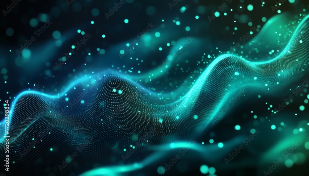 Poster the illustration shows a teal-colored wave with glowing particles and bokeh effect on a dark backgro