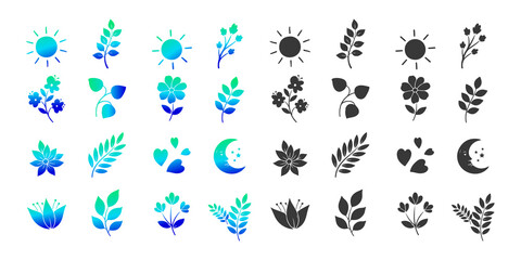Nature Icons in Color and Silhouette ,Nature in Contrast ,Colorful and Silhouette Icon Grid