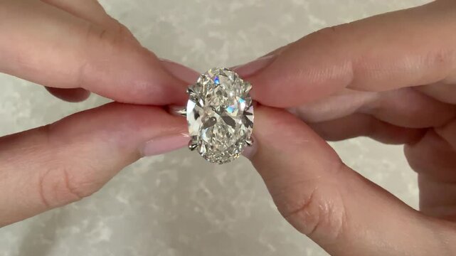 A landscape video showing a sparkling oval ring on a platinum band held between fingers above marble, ideal for bridal jewelry, romance and luxury showcase visuals of a 9 carat diamond.