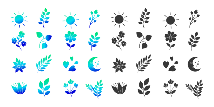 Nature Icons in Color and Silhouette ,Nature in Contrast ,Colorful and Silhouette Icon Grid