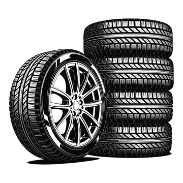 Vector art of a stack of new car tires with rims isolated on white background