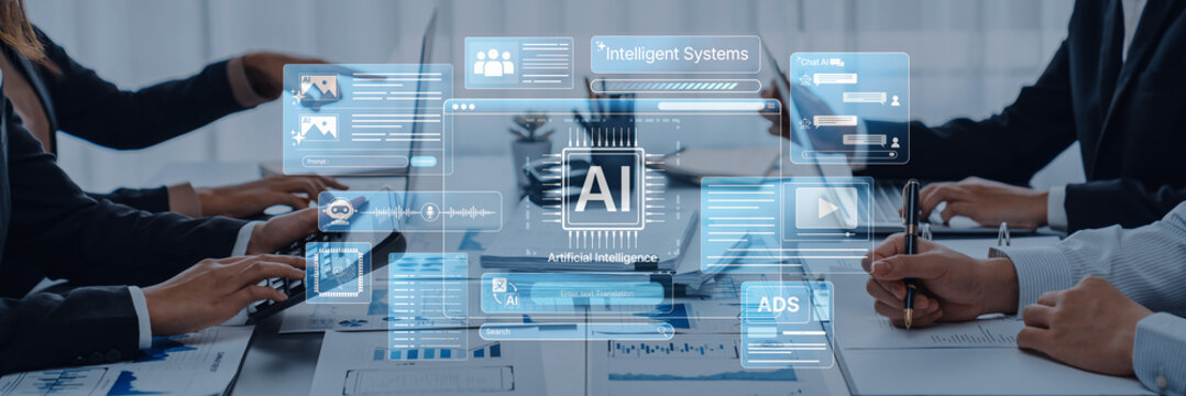 Dynamic business meeting featuring technology interfaces and Artificial Intelligence tools, emphasizing collaboration and innovation in a modern workplace setting. Trope