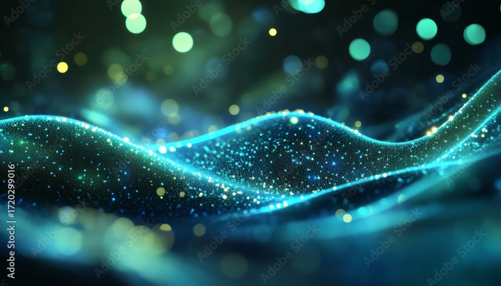 Poster the image shows a digital illustration of an abstract wave-like form with glowing blue and green par