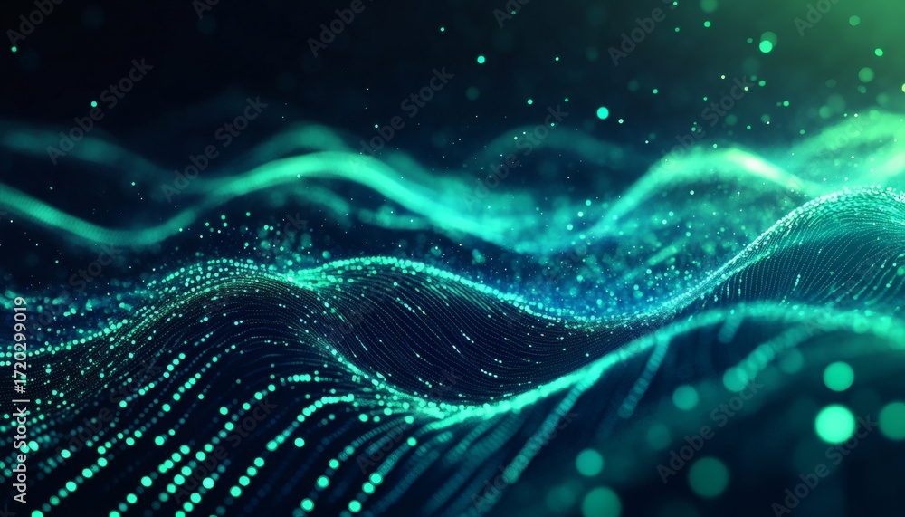 Poster The illustration shows a dynamic pattern of cyan waves with glowing particles on a dark background, creating an abstract and vibrant image.