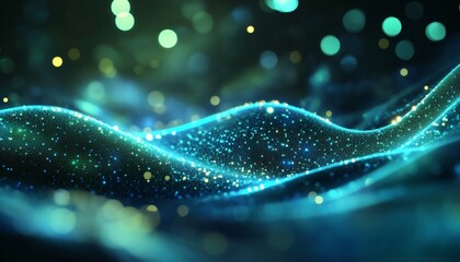 The image shows a digital illustration of an abstract wave-like form with glowing blue and green particles, set against a dark background with bokeh effects.
