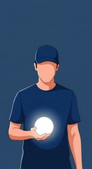 A person in a navy blue baseball cap and shirt holds a luminous white sphere, conveying a sense of tranquility and quiet power.