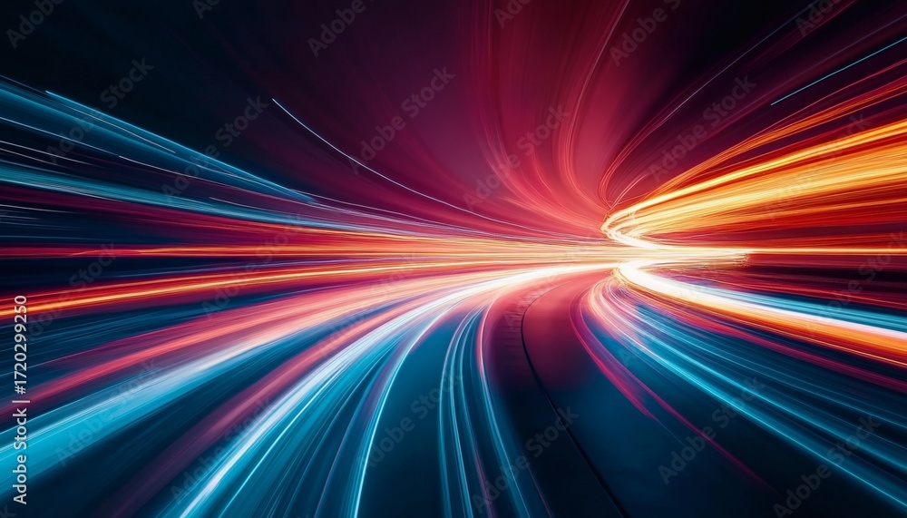 Poster the illustration shows dynamic light trails creating a sense of rapid movement and energy, suggestin