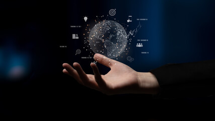 Global business network connecting digital economy and data exchange. Global business expands market, business shares data, global drives finance, and global business supports insight. Latch