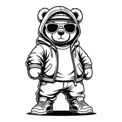 Vector art of cool teddy bear wearing hoodie and sunglasses isolated on white background