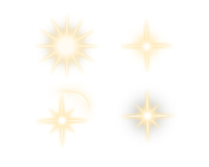 Bright sunlight PNG with star shine, space flare, and glowing flash. Four yellow starbursts and sparkles isolated on transparent background