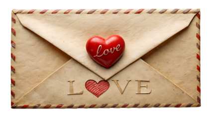 Vintage love letter with a red heart and the word love carved into the envelope, isolated on transparent background