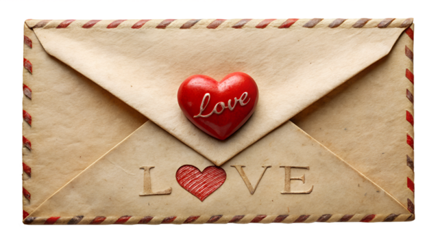 Vintage love letter with a red heart and the word love carved into the envelope, isolated on transparent background