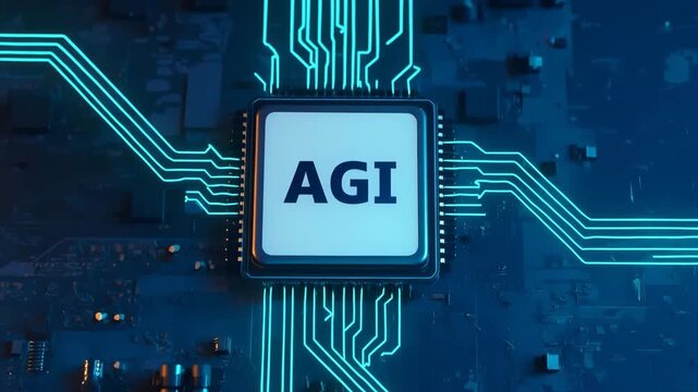 Close-up of a Computer Chip with AGI Text and Glowing Blue Circuitry processor microchip