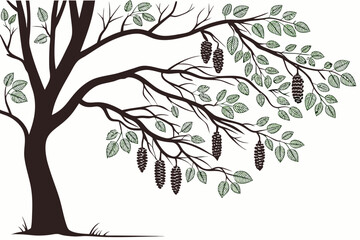 Vector illustration of a silhouetted alder tree with cone-like catkins and green leaves
