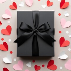 A sophisticated black gift box with a glossy black ribbon, surrounded by decorative paper hearts, creates a celebratory and romantic mood.