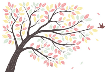 Obraz premium Realistic pastel spring tree with delicate foliage and flying bird vector illustration