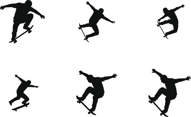 Skateboarding silhouette illustration, dynamic trick poses, mid-air motion, balance and skill, urban sport, expressive movement, youth energy, action scene