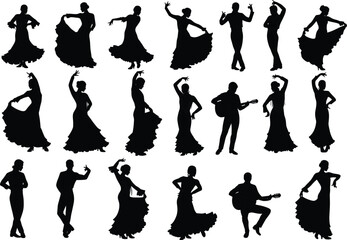 Flamenco dance silhouettes, dramatic poses, guitar performance, Spanish tradition, expressive movement, ruffled dress, cultural rhythm, music and motion