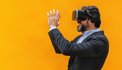 Business man using VR glasses gesturing outdoors on orange background - Powered by Adobe