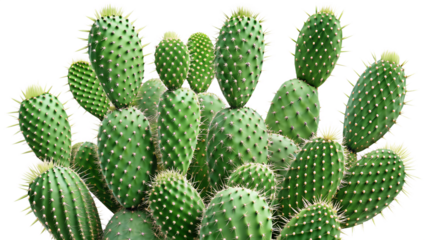 A vibrant cluster of bunny ear cactus pads, showcasing their spiky texture and green hue, isolated on transparent background for design use