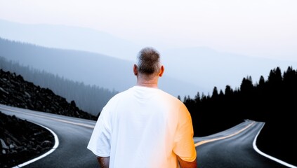Fototapeta premium A man stands at a crossroads, contemplating his future path amidst a misty mountain landscape