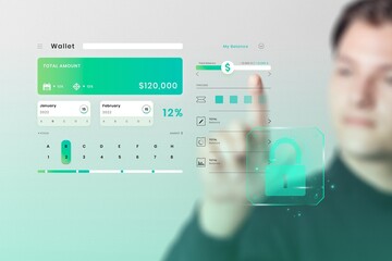 Young businessman background touching invisible screen smart technology