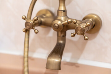 Close-up of elegant golden retro bathtub faucet with vintage style handles and shower head, shining metallic finish and classic bathroom design element