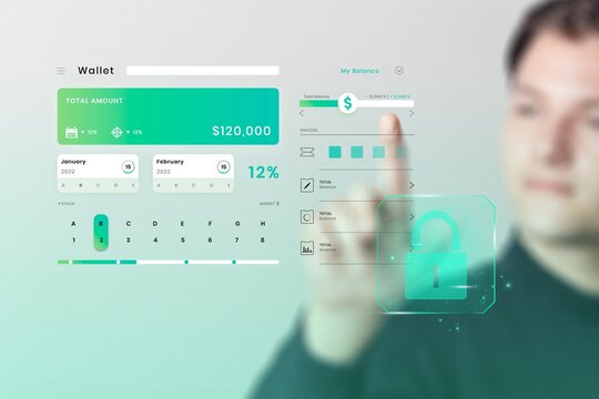 Young businessman background touching invisible screen smart technology - Powered by Adobe
