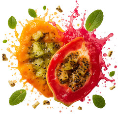 Fresh papaya and kiwi fruit splash isolated on transparent background