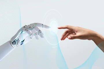 Technology meets humanity background, modern remake of The Creation of Adam