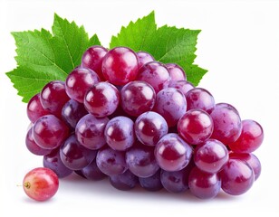 Fototapeta premium Fresh Bunch of Red Grapes with Green Leaves on White Background
