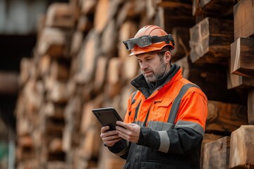 Forestry engineer in protective gear using digital tablet near stacked wood. Concept of smart logging industry, technology, management, efficiency, occupational safety, modern labor.