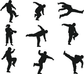 Dance and martial arts silhouettes, expressive movement, athletic pose, balance and energy, sport action, dynamic figure, motion illustration