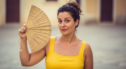 Playful young woman holding paper fan outdoors  
