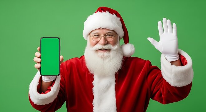 Santa Claus with Phone Green Screen Waving