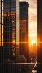 Cityscape featuring tall buildings at sunset displaying a warm glowing skyline