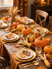 Thanksgiving table setting with pumpkins, corn, autumn leaves and festive dinnerware in warm seasonal decoration