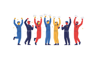 Cheerful Racing Team Celebrating Victory with Arms Raised in Colorful Uniforms.