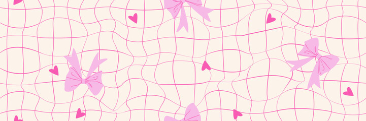 Abstract seamless background featuring a decorative pink bow and gerly aesthetic. Y2K retro pattern with a groovy checkerboard design.