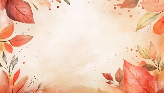 The illustration shows an autumnal theme with orange and brown leaves arranged as a border around a beige background, which has some paint splatters.