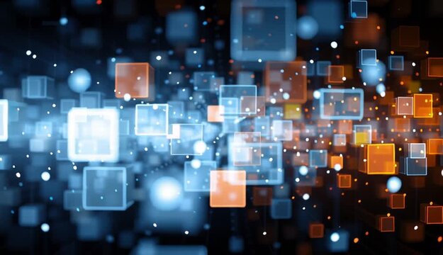 Digital background with blocks and shine dots perfect for tech processes, neural networks, artificial intelligence, data transfer and encryption, digital archives, sound and graphic presentations