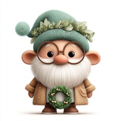 Cute character dressed for winter holiday celebrations with wreath and festive attire