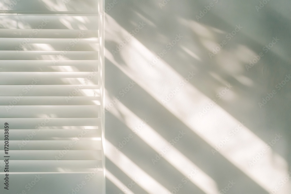 Poster close up of modern white window blinds with sunlight and shadows creating a calm and minimalist inte
