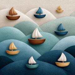Boats sailing on colorful waves in a serene ocean scene with soft textures and hues