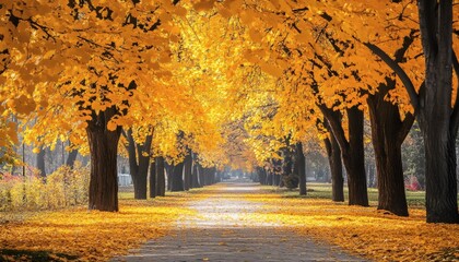 Fototapeta premium A paved walkway is covered in fallen yellow leaves, bordered by tall trees with vibrant golden foliage in autumn.