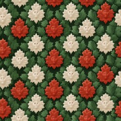 Decorative pattern featuring red, white, and green leaves with face designs on a dark background