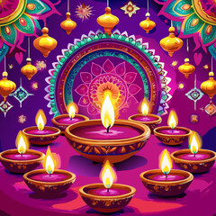 Celebratory Diwali Night Vivid Hues and Sparkling Firework Display with Intricate Diyas Adding to the Festivity