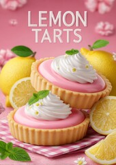 Delightful lemon tarts with creamy topping and fresh lemons on a pink background